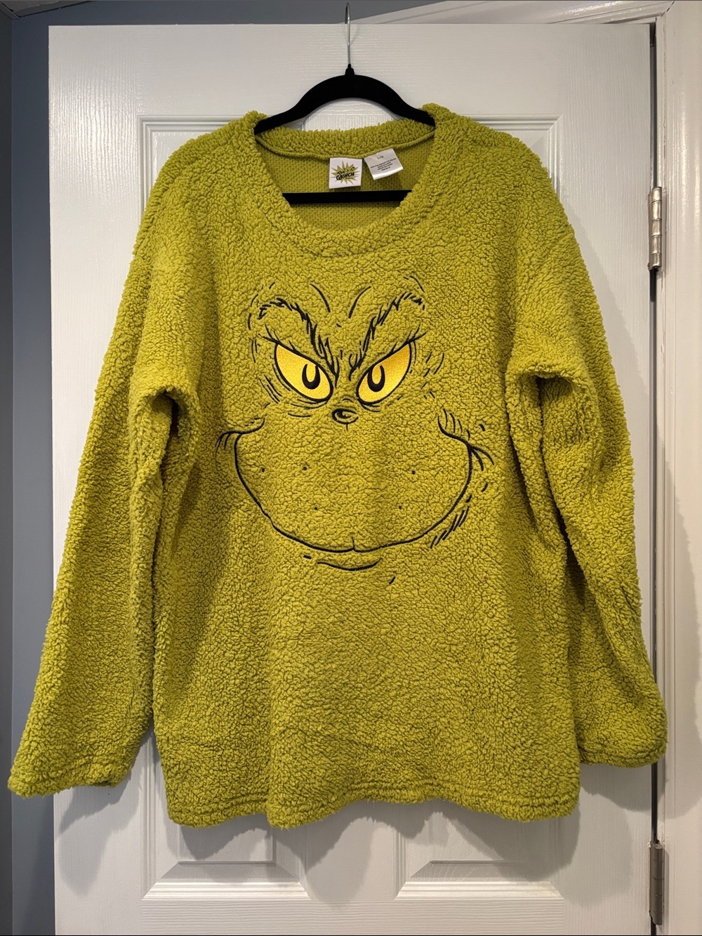 Grinch Face Sherpa Crewneck Pullover - Lime Green